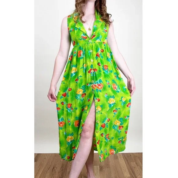 Vintage USA Button Down Floral Midi Dress Boho Slip Hippie Tropical White Lotus - Picture 6 of 6